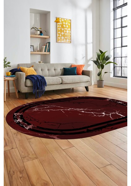 Baskılı Kaymaz Yıkanabilir Mermer Desen Modern Oval Mutfak Yolluk Salon Halısı, O-Mermer-08-Bordo,