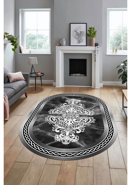 Baskılı Kaymaz Yıkanabilir Klasik Mermer Desen Oval Mutfak Yolluk Salon Halısı, O-Mermer-09-Antrast,