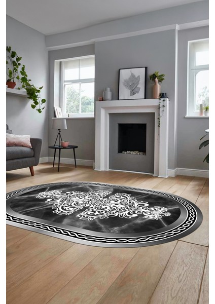Baskılı Kaymaz Yıkanabilir Klasik Mermer Desen Oval Mutfak Yolluk Salon Halısı, O-Mermer-09-Antrast,