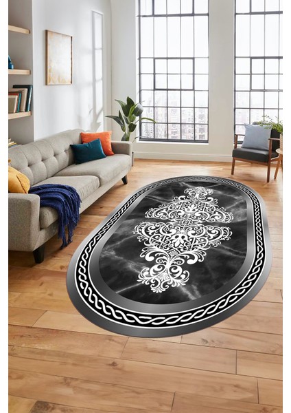 Baskılı Kaymaz Yıkanabilir Klasik Mermer Desen Oval Mutfak Yolluk Salon Halısı, O-Mermer-09-Antrast,