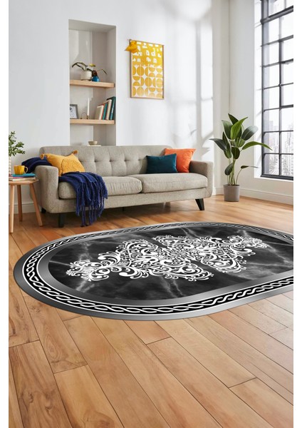 Baskılı Kaymaz Yıkanabilir Klasik Mermer Desen Oval Mutfak Yolluk Salon Halısı, O-Mermer-09-Antrast,