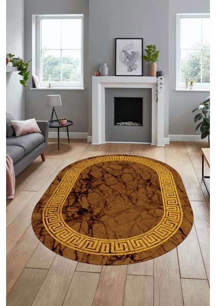 Çerçeveli Mermer Desenli Dijital Kaymaz Yıkanabilir Oval Koridor Salon Halısı, O-Mermer-12-Kahve,
