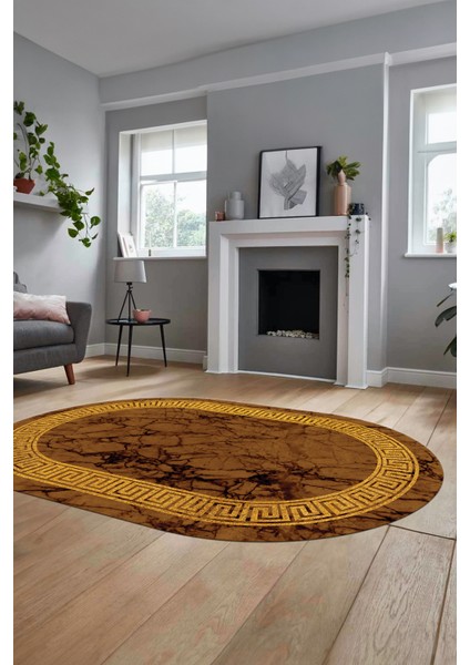 Çerçeveli Mermer Desenli Dijital Kaymaz Yıkanabilir Oval Koridor Salon Halısı, O-Mermer-12-Kahve,