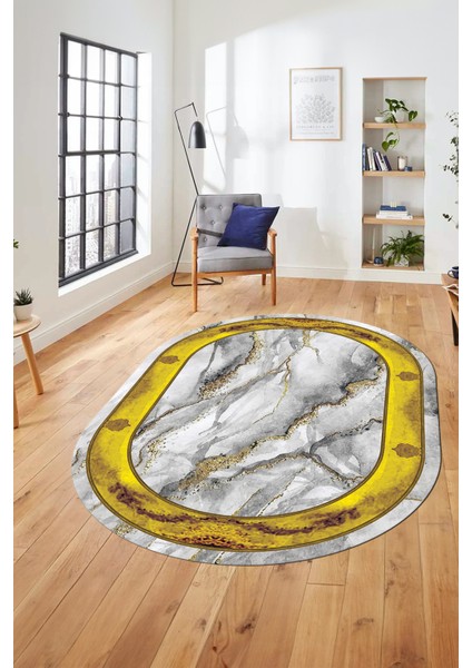Baskılı Kaymaz Yıkanabilir Çerçeve Mermer Desen Oval Mutfak Yolluk Salon Halısı, O-Mermer-03-Gold,