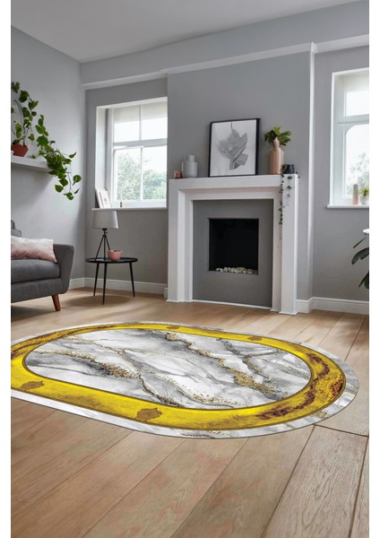 Baskılı Kaymaz Yıkanabilir Çerçeve Mermer Desen Oval Mutfak Yolluk Salon Halısı, O-Mermer-03-Gold, fırsatları
