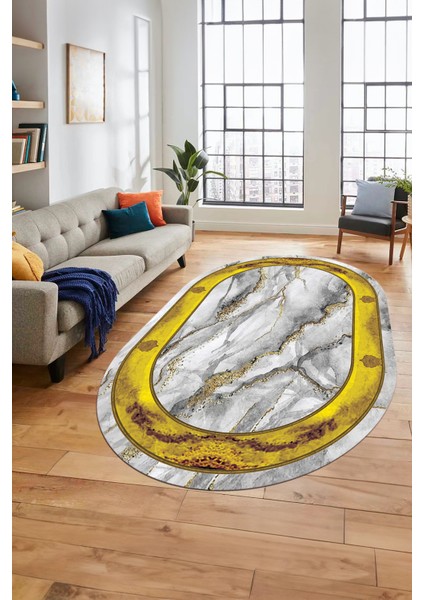 Baskılı Kaymaz Yıkanabilir Çerçeve Mermer Desen Oval Mutfak Yolluk Salon Halısı, O-Mermer-03-Gold, indirimleri