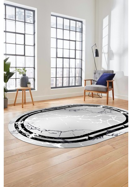 Baskılı Kaymaz Yıkanabilir Mermer Desen Modern Oval Mutfak Yolluk Salon Halısı, O-Mermer-08-Gri,