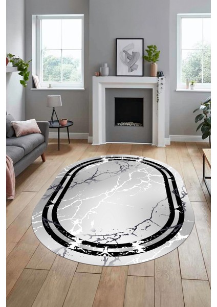 Baskılı Kaymaz Yıkanabilir Mermer Desen Modern Oval Mutfak Yolluk Salon Halısı, O-Mermer-08-Gri,