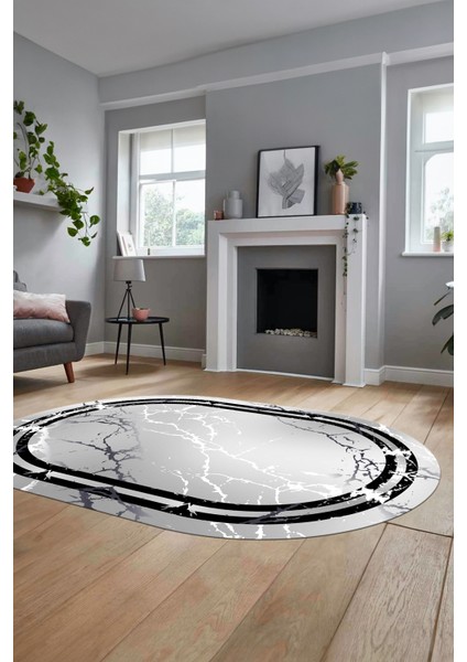 Baskılı Kaymaz Yıkanabilir Mermer Desen Modern Oval Mutfak Yolluk Salon Halısı, O-Mermer-08-Gri,