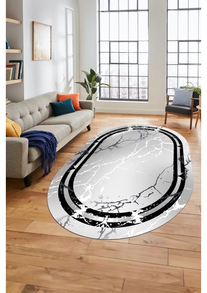 Baskılı Kaymaz Yıkanabilir Mermer Desen Modern Oval Mutfak Yolluk Salon Halısı, O-Mermer-08-Gri,