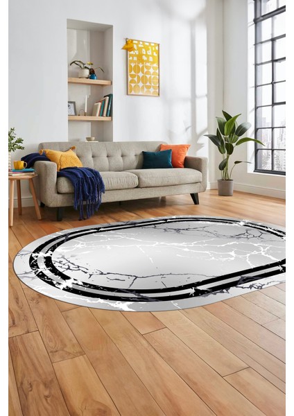 Baskılı Kaymaz Yıkanabilir Mermer Desen Modern Oval Mutfak Yolluk Salon Halısı, O-Mermer-08-Gri,