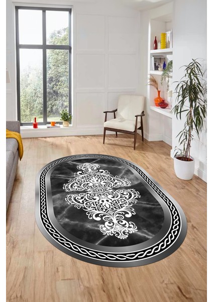 Baskılı Kaymaz Yıkanabilir Klasik Mermer Desen Oval Mutfak Yolluk Salon Halısı, O-Mermer-09-Antrast,