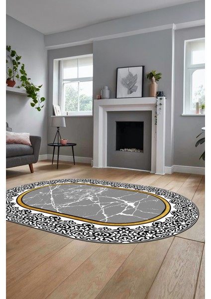 Dijital Kaymaz Yıkanabilir Mermer Desen Oval Mutfak Koridor Salon Halısı, O-Mermer-10-Gri,