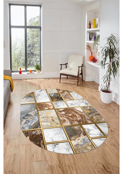 Şık Tasarım Mermer Desenli Dijital Kaymaz Yıkanabilir Oval Koridor Salon Halısı, O-Mermer-28-Kahve,