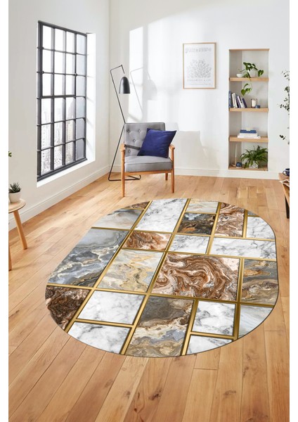 Şık Tasarım Mermer Desenli Dijital Kaymaz Yıkanabilir Oval Koridor Salon Halısı, O-Mermer-28-Kahve,