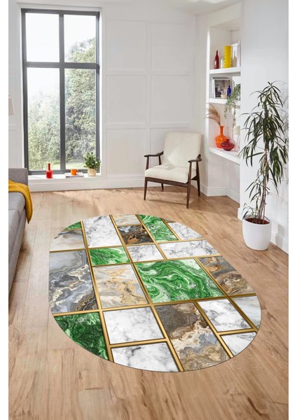 Şık Tasarım Mermer Desenli Dijital Kaymaz Yıkanabilir Oval Koridor Salon Halısı, O-Mermer-28-Yeşil,