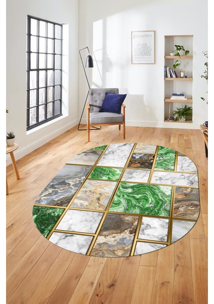 Şık Tasarım Mermer Desenli Dijital Kaymaz Yıkanabilir Oval Koridor Salon Halısı, O-Mermer-28-Yeşil,