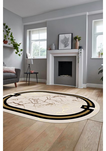 Baskılı Kaymaz Yıkanabilir Zarif Mermer Desenli Oval Mutfak Yolluk Salon Halısı, O-Mermer-07-Krem, modelleri
