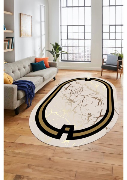 Baskılı Kaymaz Yıkanabilir Zarif Mermer Desenli Oval Mutfak Yolluk Salon Halısı, O-Mermer-07-Krem, fırsatları