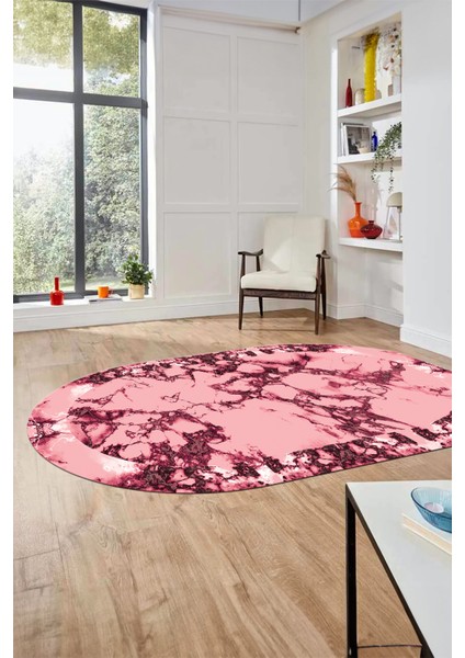 Modern Tasarım Mermer Dijital Kaymaz Yıkanabilir Oval Koridor Salon Halısı, O-Mermer-30-Pembe,