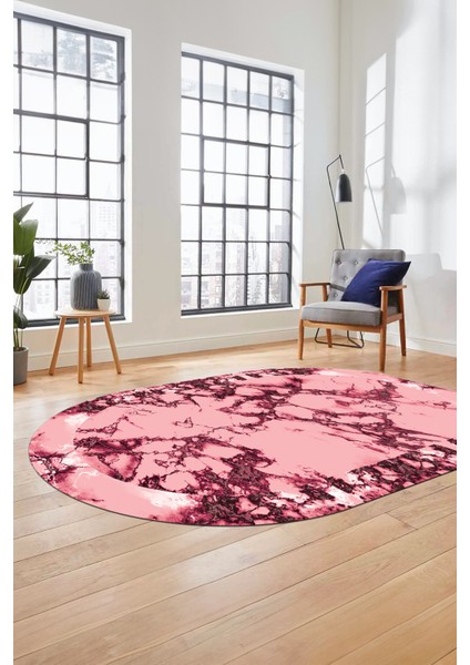 Modern Tasarım Mermer Dijital Kaymaz Yıkanabilir Oval Koridor Salon Halısı, O-Mermer-30-Pembe, modelleri