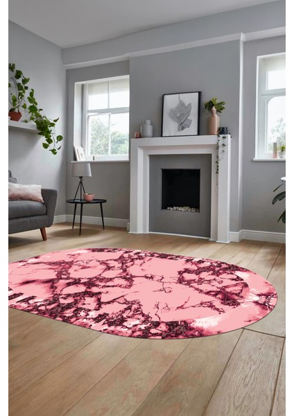 Modern Tasarım Mermer Dijital Kaymaz Yıkanabilir Oval Koridor Salon Halısı, O-Mermer-30-Pembe, indirimleri