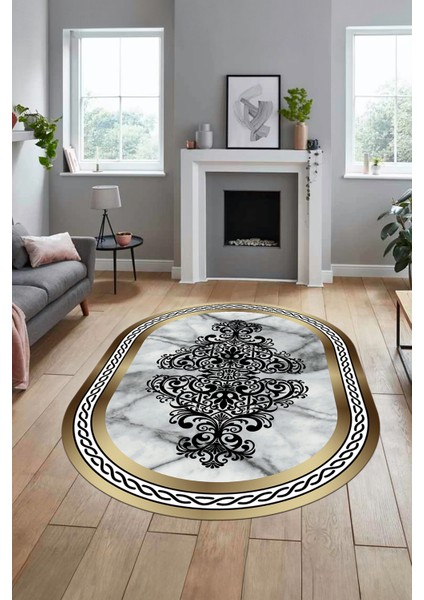Baskılı Kaymaz Yıkanabilir Klasik Mermer Desen Oval Mutfak Yolluk Salon Halısı, O-Mermer-09-Gold,