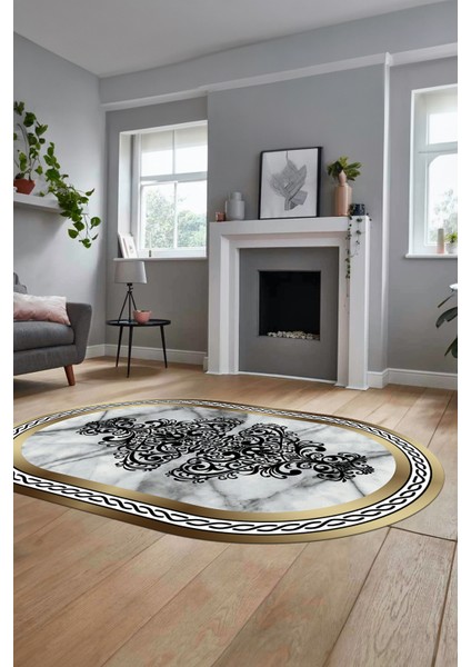 Baskılı Kaymaz Yıkanabilir Klasik Mermer Desen Oval Mutfak Yolluk Salon Halısı, O-Mermer-09-Gold,