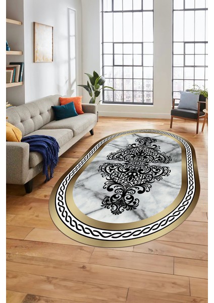 Baskılı Kaymaz Yıkanabilir Klasik Mermer Desen Oval Mutfak Yolluk Salon Halısı, O-Mermer-09-Gold,
