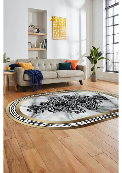 Baskılı Kaymaz Yıkanabilir Klasik Mermer Desen Oval Mutfak Yolluk Salon Halısı, O-Mermer-09-Gold,