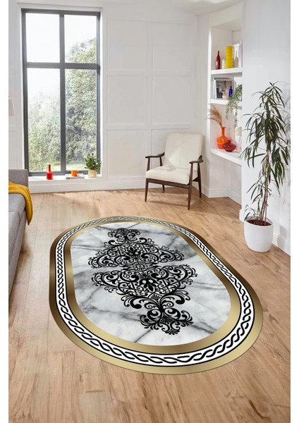 Baskılı Kaymaz Yıkanabilir Klasik Mermer Desen Oval Mutfak Yolluk Salon Halısı, O-Mermer-09-Gold,