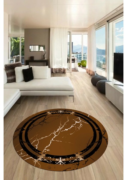 Baskılı Kaymaz Yıkanabilir Mermer Desen Modern Yuvarlak Mutfak Salon Halısı, Y-Mermer-08-Kahve,