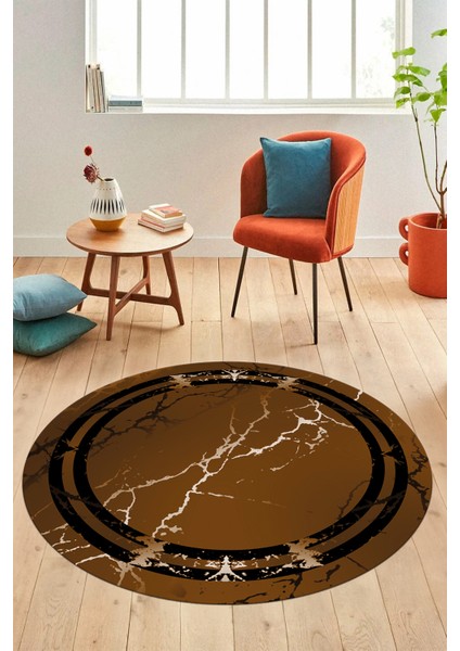 Baskılı Kaymaz Yıkanabilir Mermer Desen Modern Yuvarlak Mutfak Salon Halısı, Y-Mermer-08-Kahve,