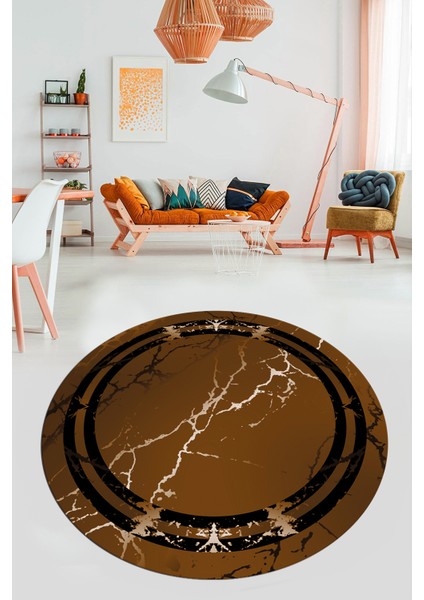 Baskılı Kaymaz Yıkanabilir Mermer Desen Modern Yuvarlak Mutfak Salon Halısı, Y-Mermer-08-Kahve,