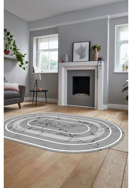 Zarif Mermer Desenli Dijital Kaymaz Yıkanabilir Oval Yolluk Koridor Salon Halısı, O-Mermer-16-Gri,