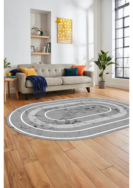 Zarif Mermer Desenli Dijital Kaymaz Yıkanabilir Oval Yolluk Koridor Salon Halısı, O-Mermer-16-Gri,