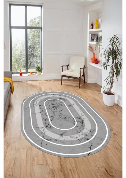 Zarif Mermer Desenli Dijital Kaymaz Yıkanabilir Oval Yolluk Koridor Salon Halısı, O-Mermer-16-Gri,