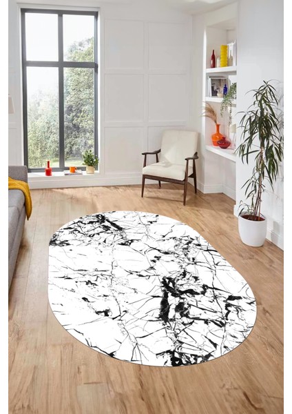 Modern Mermer Desen Kaymaz Yıkanabilir Oval Yolluk Mutfak Koridor Salon Halısı, O-Mermer-27-Beyaz,