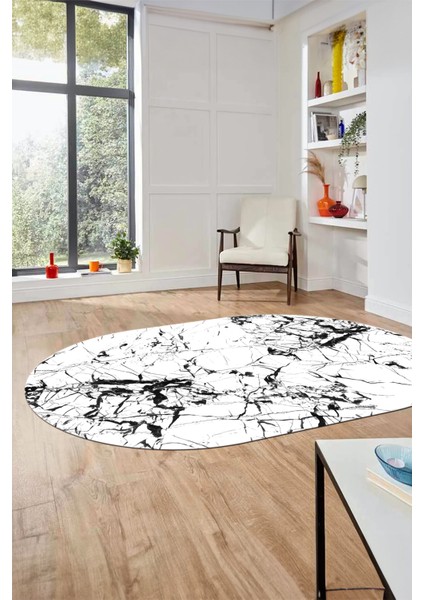 Modern Mermer Desen Kaymaz Yıkanabilir Oval Yolluk Mutfak Koridor Salon Halısı, O-Mermer-27-Beyaz,