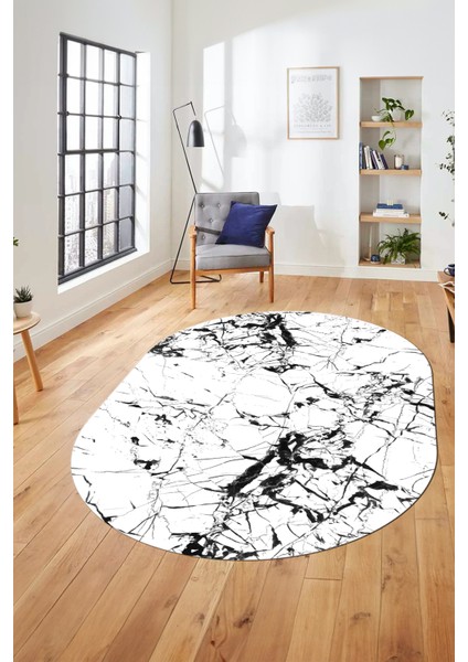Modern Mermer Desen Kaymaz Yıkanabilir Oval Yolluk Mutfak Koridor Salon Halısı, O-Mermer-27-Beyaz,