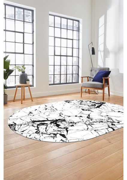 Modern Mermer Desen Kaymaz Yıkanabilir Oval Yolluk Mutfak Koridor Salon Halısı, O-Mermer-27-Beyaz,