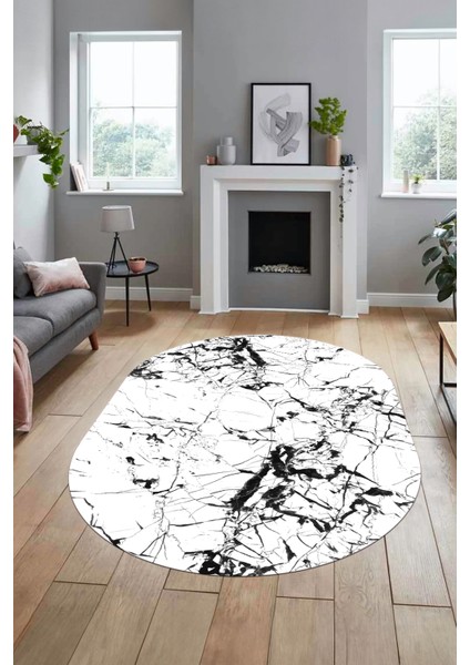 Modern Mermer Desen Kaymaz Yıkanabilir Oval Yolluk Mutfak Koridor Salon Halısı, O-Mermer-27-Beyaz,