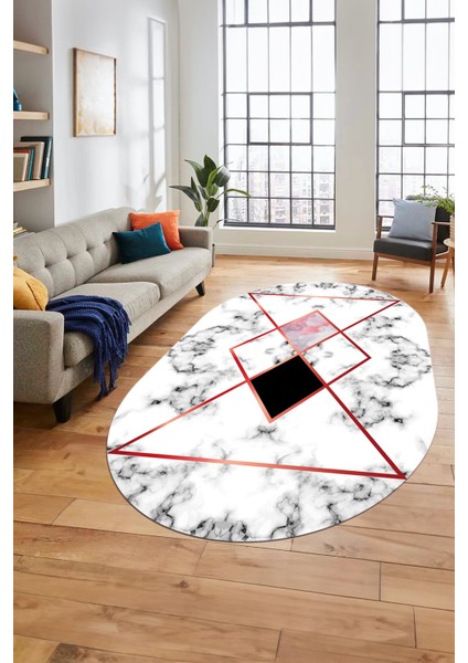 Mermer Desenli Dijital Kaymaz Yıkanabilir Oval Yolluk Koridor Salon Halısı, O-Mermer-20-Bordo,