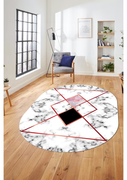 Mermer Desenli Dijital Kaymaz Yıkanabilir Oval Yolluk Koridor Salon Halısı, O-Mermer-20-Bordo, indirimleri