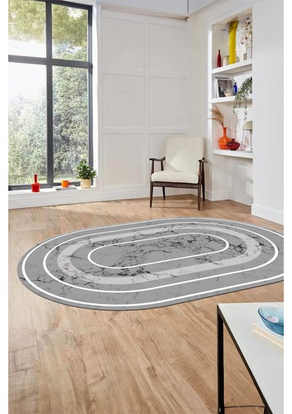 Zarif Mermer Desenli Dijital Kaymaz Yıkanabilir Oval Yolluk Koridor Salon Halısı, O-Mermer-16-Gri,
