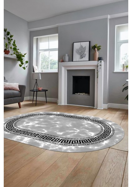 Şık Çerçeveli Mermer Dijital Kaymaz Yıkanabilir Oval Yolluk Koridor Salon Halısı, O-Mermer-14-Gri,