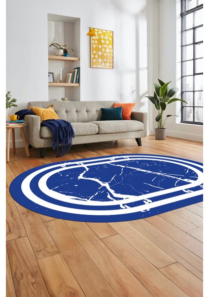 Sade Mermer Desen Kaymaz Yıkanabilir Oval Yolluk Koridor Salon Halısı, O-Mermer-22-Mavi,