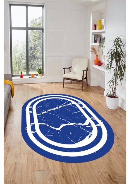 Sade Mermer Desen Kaymaz Yıkanabilir Oval Yolluk Koridor Salon Halısı, O-Mermer-22-Mavi,