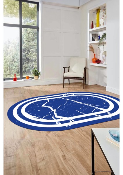 Sade Mermer Desen Kaymaz Yıkanabilir Oval Yolluk Koridor Salon Halısı, O-Mermer-22-Mavi,