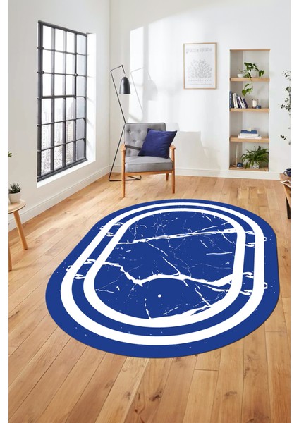 Sade Mermer Desen Kaymaz Yıkanabilir Oval Yolluk Koridor Salon Halısı, O-Mermer-22-Mavi,